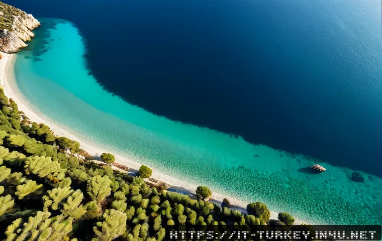 Home 17 튀르키예의 자연 및 해양 보호 정책 - Photorealistic aerial view of a protected turquoise Mediterranean bay on the Turkish coast, clear sh...