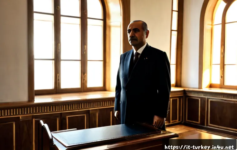 튀르키예 과거와 현재의 정치 지도자 - Photorealistic historical political scene in Türkiye, a dignified early republican-era Turkish state...